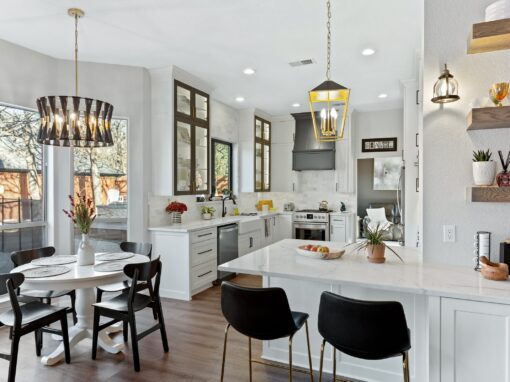 Modern kitchen remodel in Colleyville, TX with white cabinets.