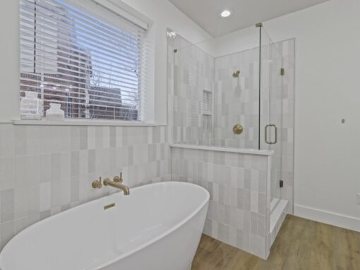 Neutral, contemporary bathroom remodel in Grand Prairie, TX