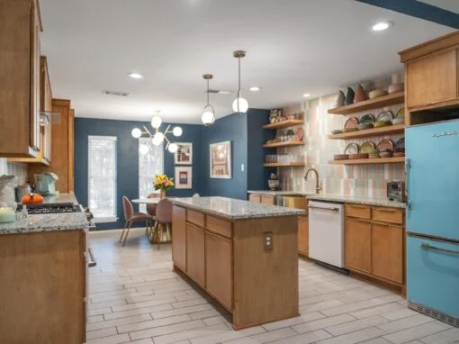 Colorful mid-century kitchen remodel in Colleyville, TX with custom tile backsplash